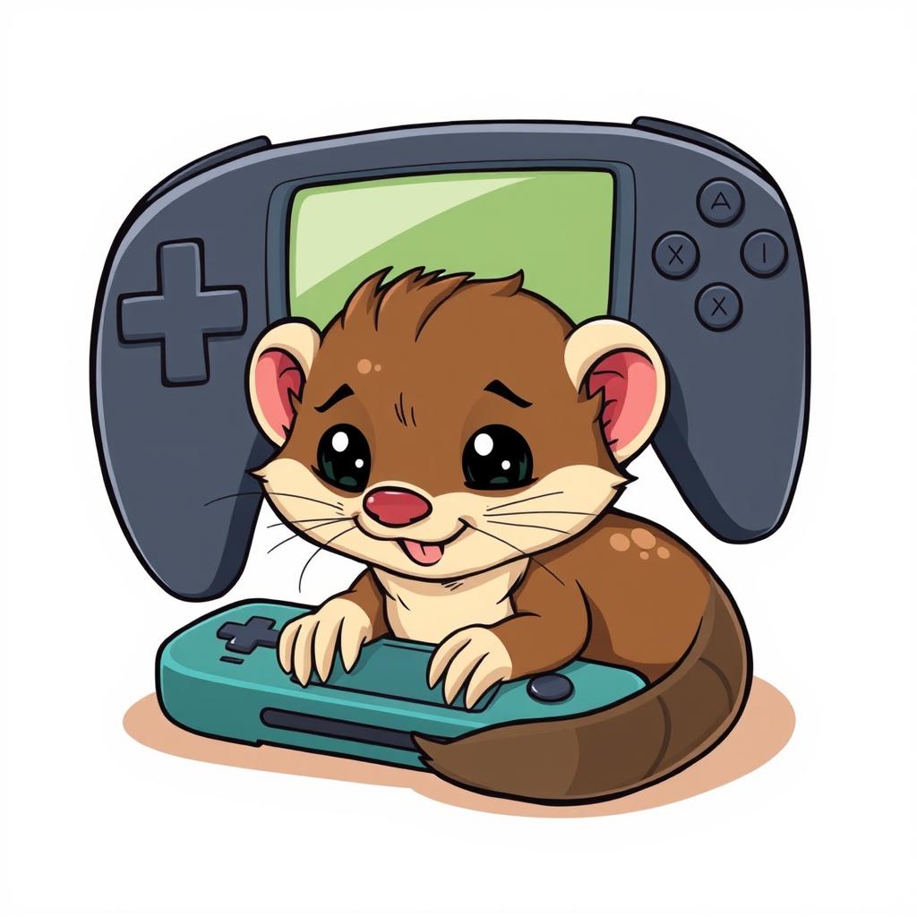 A charming cartoon illustration showing a mischievous weasel nestled underneath a gamepad
