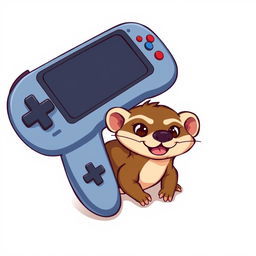 A charming cartoon illustration showing a mischievous weasel nestled underneath a gamepad
