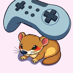 A charming cartoon illustration showing a mischievous weasel nestled underneath a gamepad