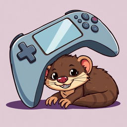 A charming cartoon illustration showing a mischievous weasel nestled underneath a gamepad