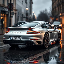 silver Porsche Turbo S with a number plate reading "TN 22 BD 1011" parked on a rain-soaked street, raindrops delicately tracing the sleek curves of the car, creating a glistening effect under the city lights, with water pooling around the tires and a reflective sheen visible on the surface of the car