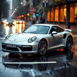 silver Porsche Turbo S with a number plate reading "TN 22 BD 1011" parked on a rain-soaked street, raindrops delicately tracing the sleek curves of the car, creating a glistening effect under the city lights, with water pooling around the tires and a reflective sheen visible on the surface of the car