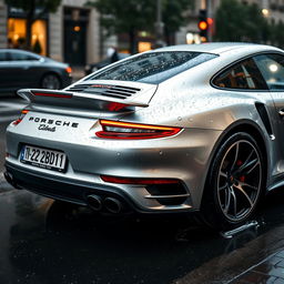 silver Porsche Turbo S with a number plate reading "TN 22 BD 1011" parked on a rain-soaked street, raindrops delicately tracing the sleek curves of the car, creating a glistening effect under the city lights, with water pooling around the tires and a reflective sheen visible on the surface of the car