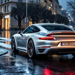 silver Porsche Turbo S with a number plate reading "TN 22 BD 1011" parked on a rain-soaked street, raindrops delicately tracing the sleek curves of the car, creating a glistening effect under the city lights, with water pooling around the tires and a reflective sheen visible on the surface of the car