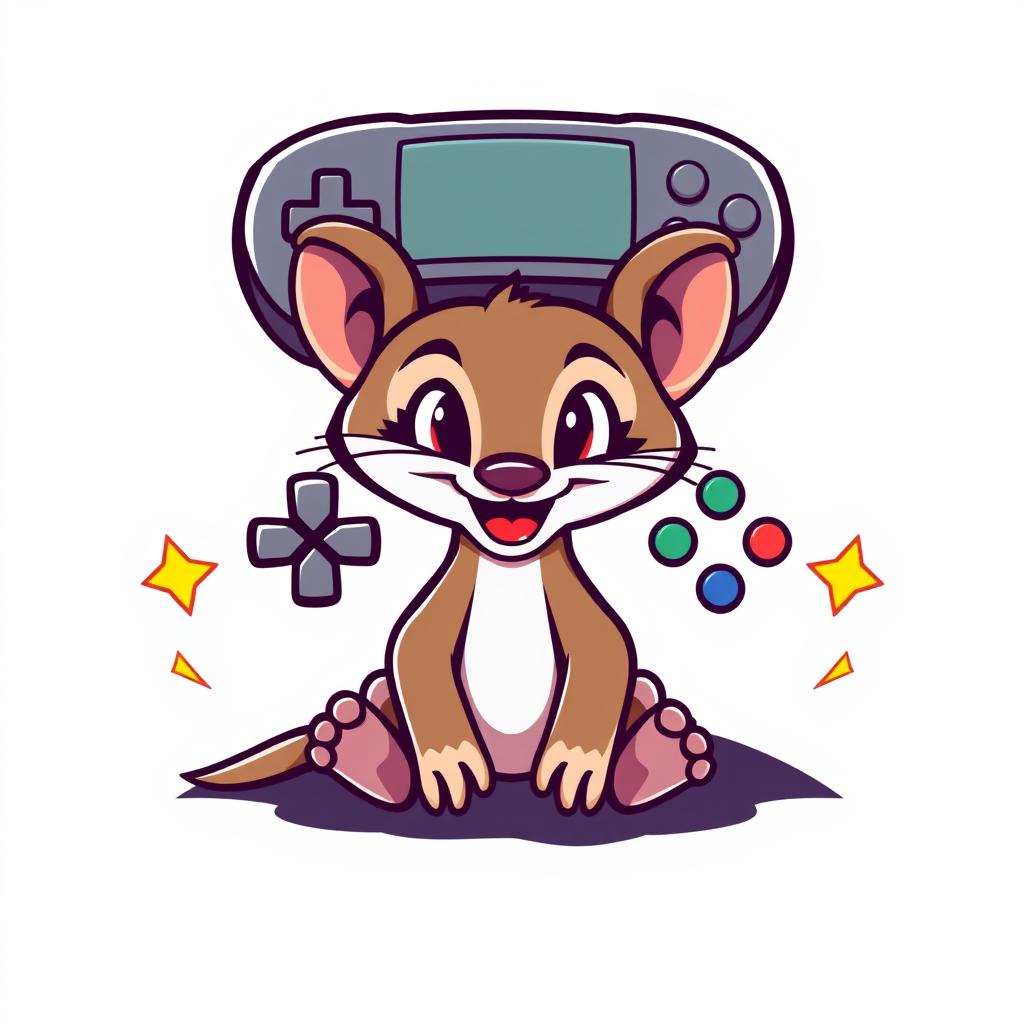 A cartoon logo design featuring a playful weasel situated under a gamepad