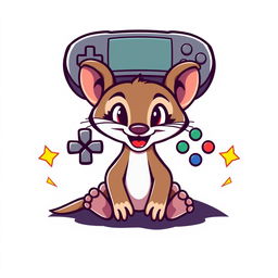 A cartoon logo design featuring a playful weasel situated under a gamepad