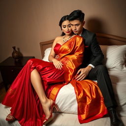 A sultry and alluring scene featuring a voluptuous Thai woman with her boyfriend on a bed