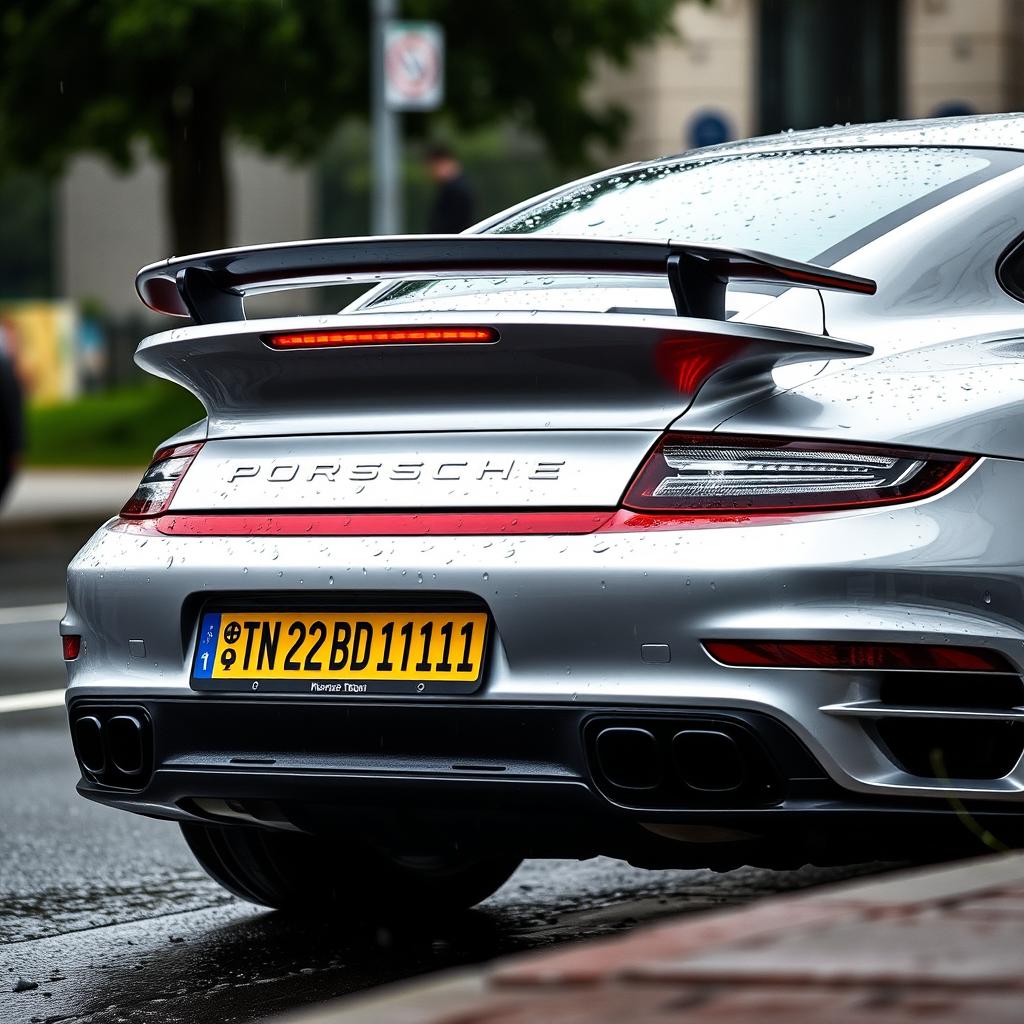 rear view of a silver Porsche Turbo S with a number plate reading "TN 22 BD 1011", parked on a rain-soaked street, with raindrops artistically clinging to the car's rear, taillights softly glowing, and subtle reflections visible in the wet pavement
