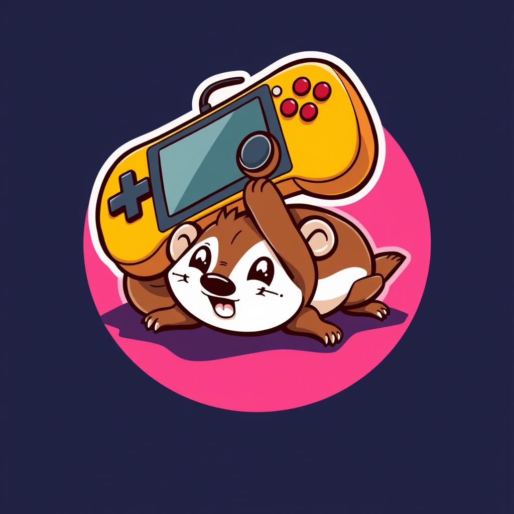 A whimsical cartoon logo showcasing a weasel lying belly up under a gamepad