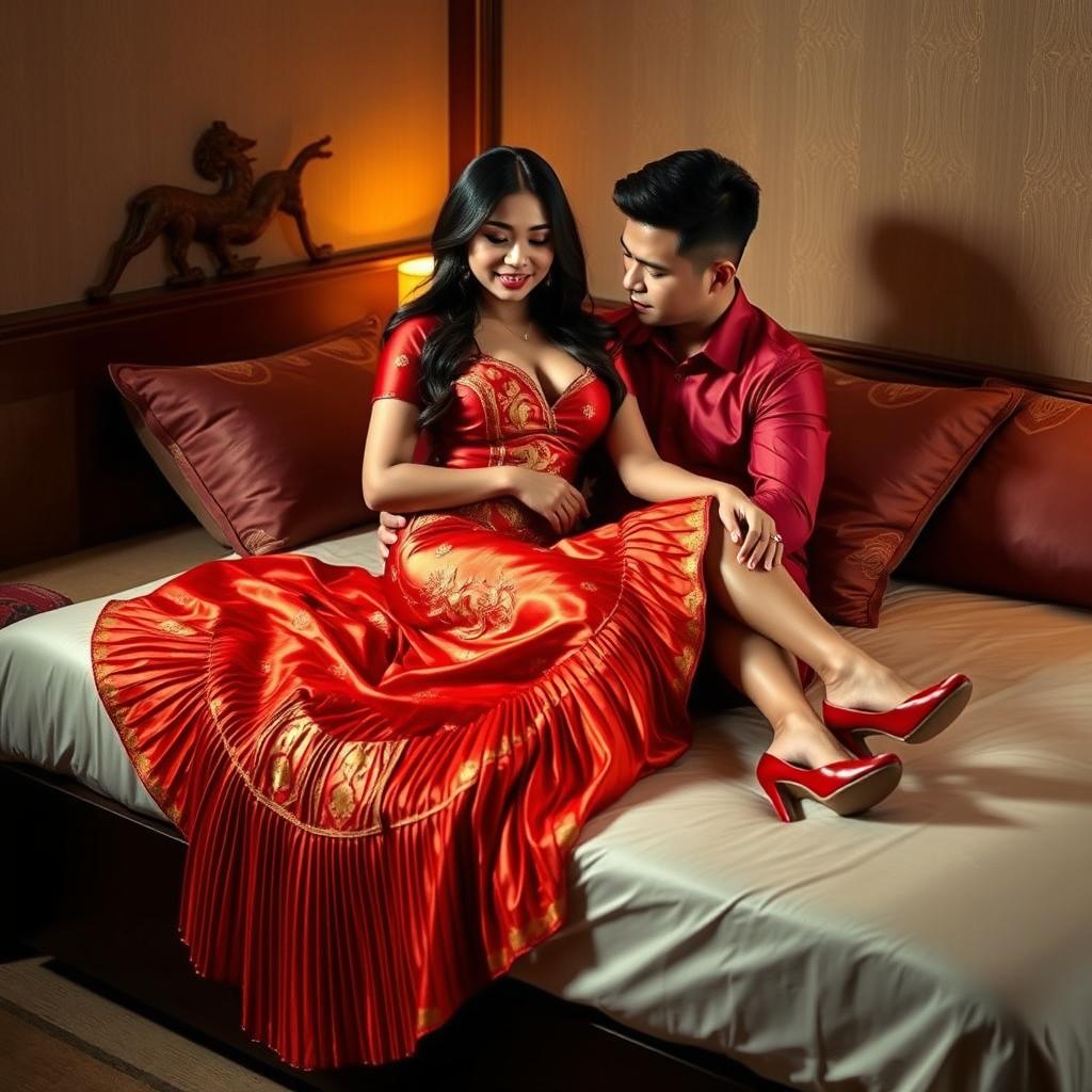 A sensual scene featuring a voluptuous Thai woman with her boyfriend on a bed, dressed in a captivating traditional Mekhela Chadar made of muga silk