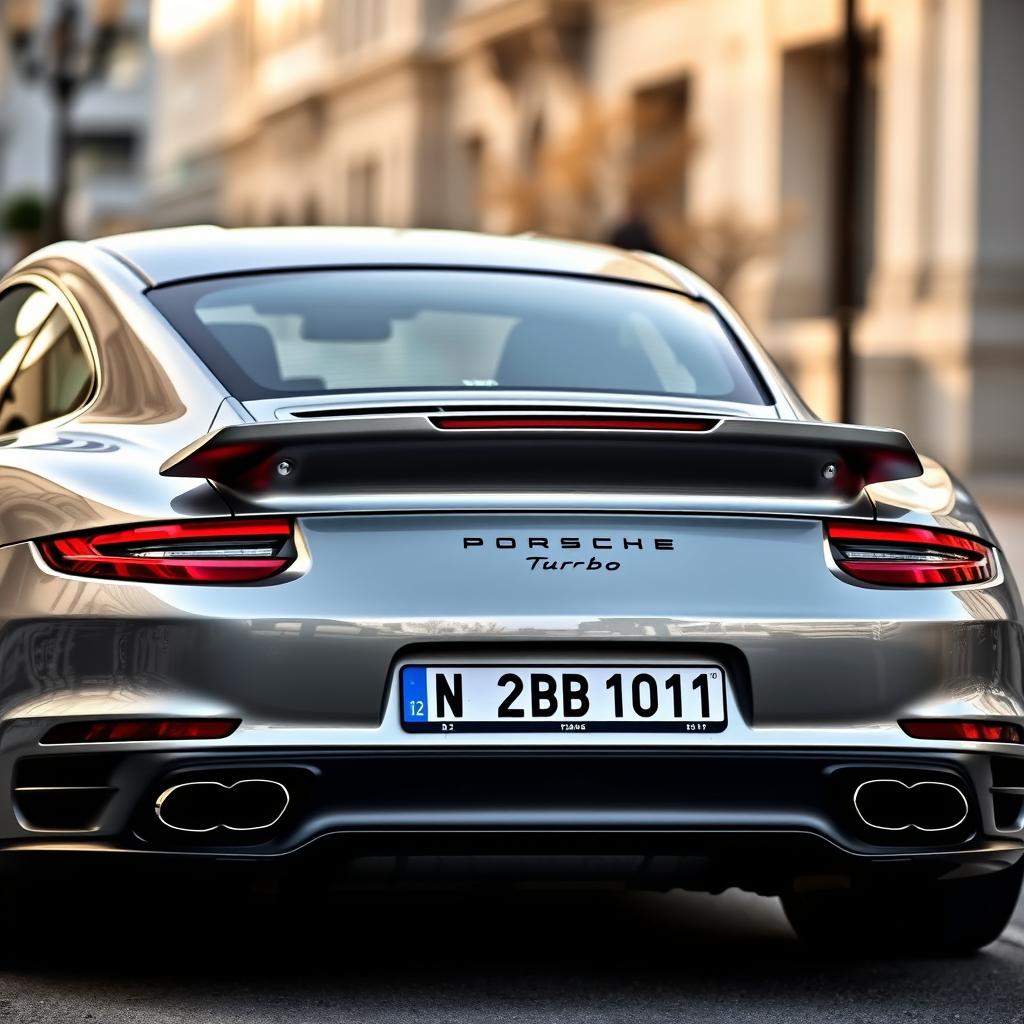 rear view of a silver Porsche Turbo S with a number plate reading "TN 22 BD 1011", showcasing its sleek design and powerful aura, parked against a softly blurred urban background, highlighting the sophisticated contours and detailing of the vehicle