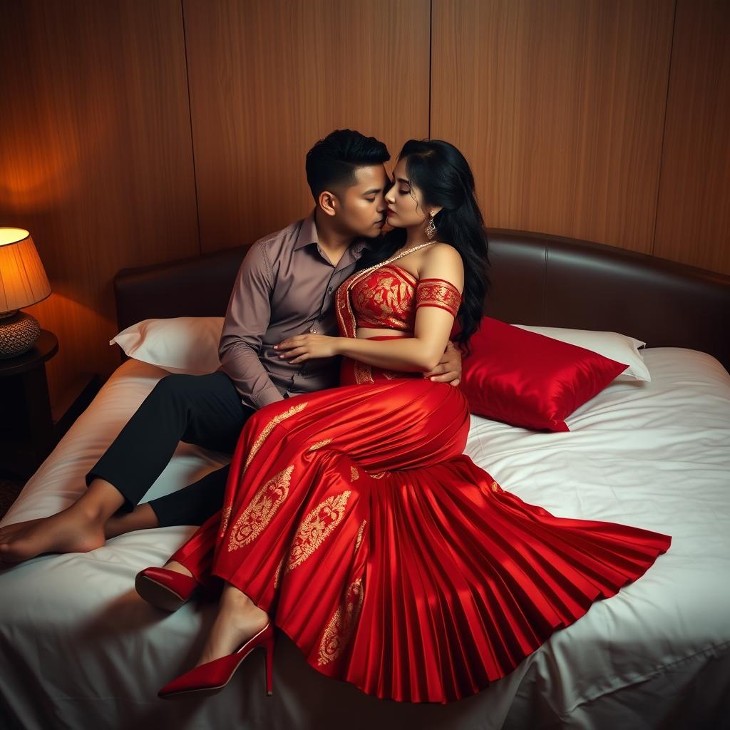 A sensual scene featuring a voluptuous Thai woman with her boyfriend on a bed, dressed in a captivating traditional Mekhela Chadar made of muga silk