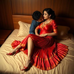 A sensual scene featuring a voluptuous Thai woman with her boyfriend on a bed, dressed in a captivating traditional Mekhela Chadar made of muga silk