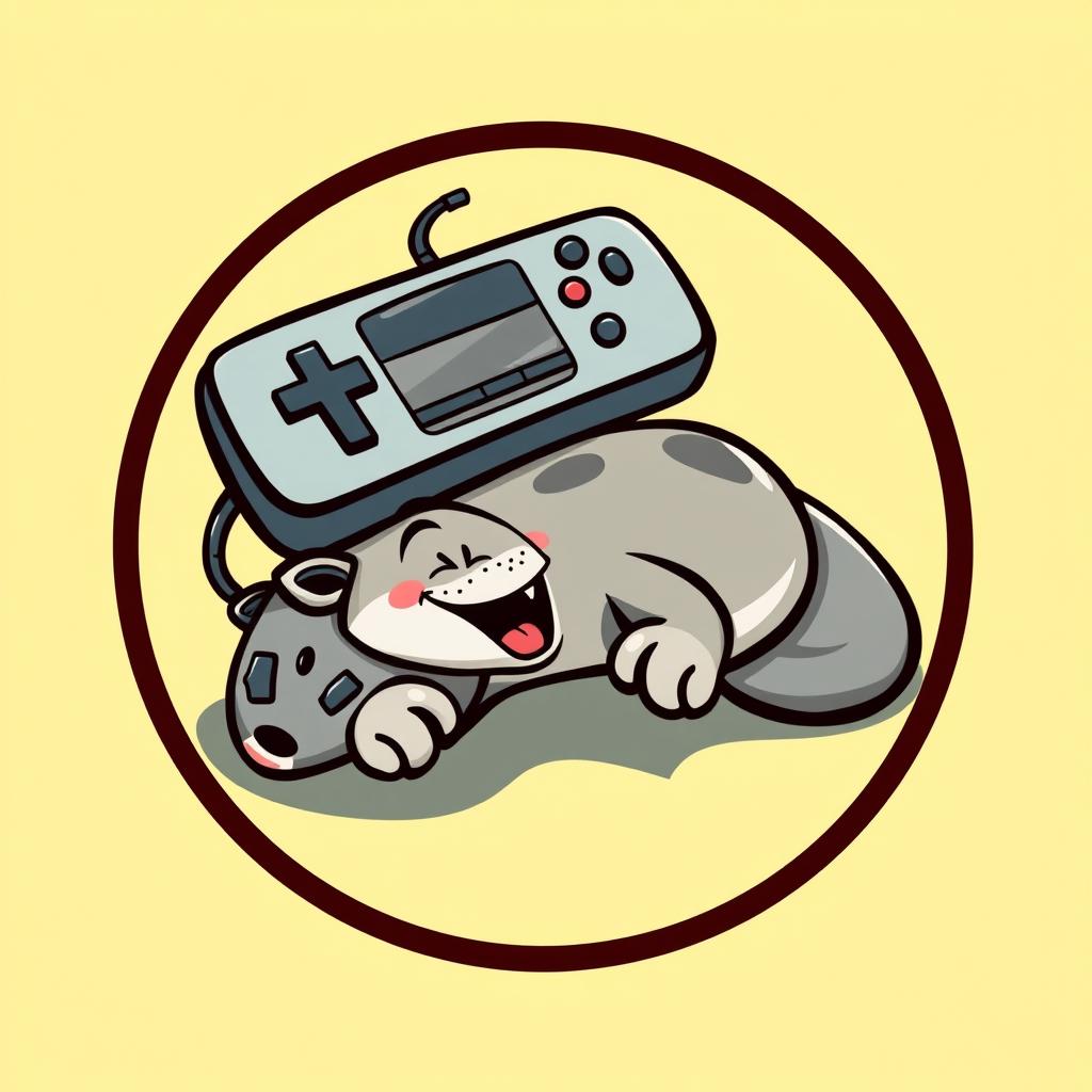 A whimsical cartoon logo featuring a weasel lying belly up beneath a gamepad