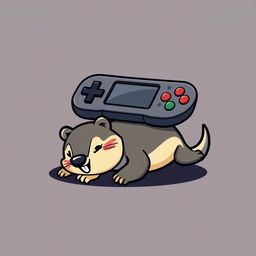 A whimsical cartoon logo featuring a weasel lying belly up beneath a gamepad