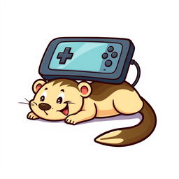 A whimsical cartoon logo featuring a weasel lying belly up beneath a gamepad