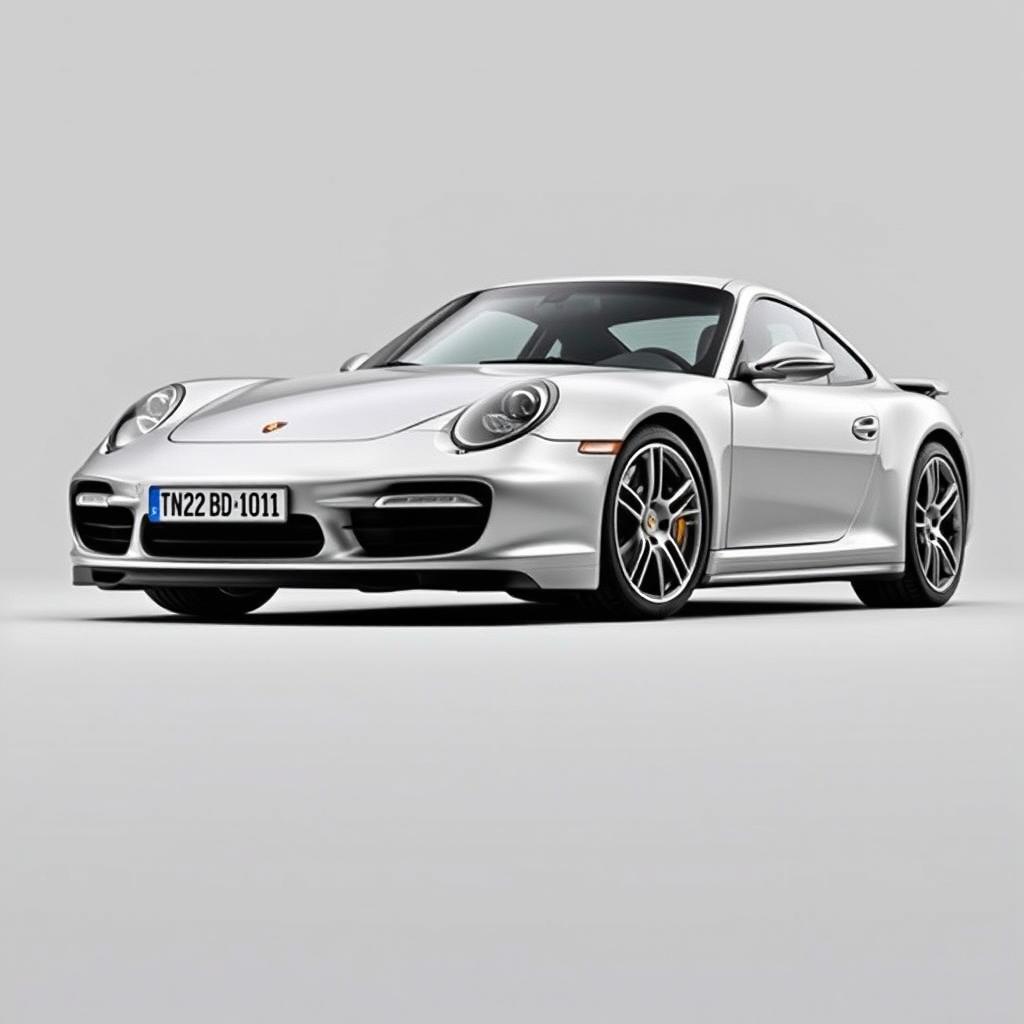silver Porsche Turbo S with a car plate reading "TN 22 BD 1011", photographed to focus on the car's dynamic proportions and sleek design, set against a neutral background to highlight its elegant curves and sporty stance