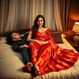 A sensual and captivating scene featuring a voluptuous Thai woman with her boyfriend on a bed