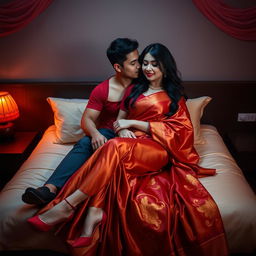 A sensual and captivating scene featuring a voluptuous Thai woman with her boyfriend on a bed