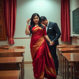 A provocative and sensual scene featuring a voluptuous Thai teacher in a classroom setting with her boyfriend