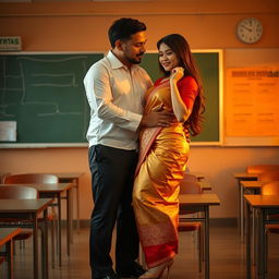 A provocative and sensual scene featuring a voluptuous Thai teacher in a classroom setting with her boyfriend