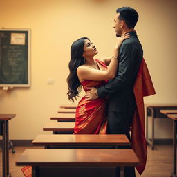 A provocative and sensual scene featuring a voluptuous Thai teacher in a classroom setting with her boyfriend