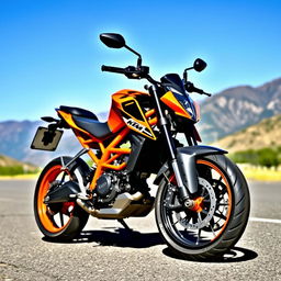 A realistic image of a KTM Duke 390 motorcycle, showcasing its sleek design and vibrant orange and black color scheme