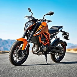 A realistic image of a KTM Duke 390 motorcycle, showcasing its sleek design and vibrant orange and black color scheme