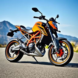 A realistic image of a KTM Duke 390 motorcycle, showcasing its sleek design and vibrant orange and black color scheme