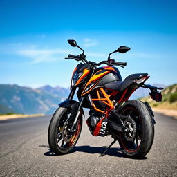 A realistic image of a KTM Duke 390 motorcycle, showcasing its sleek design and vibrant orange and black color scheme