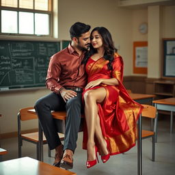 A provocative and intimate scene featuring a voluptuous Thai teacher with her boyfriend on a classroom table