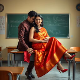 A provocative and intimate scene featuring a voluptuous Thai teacher with her boyfriend on a classroom table