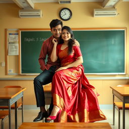 A provocative and intimate scene featuring a voluptuous Thai teacher with her boyfriend on a classroom table