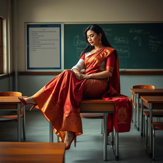 A provocative and intimate scene featuring a voluptuous Thai teacher with her boyfriend on a classroom table