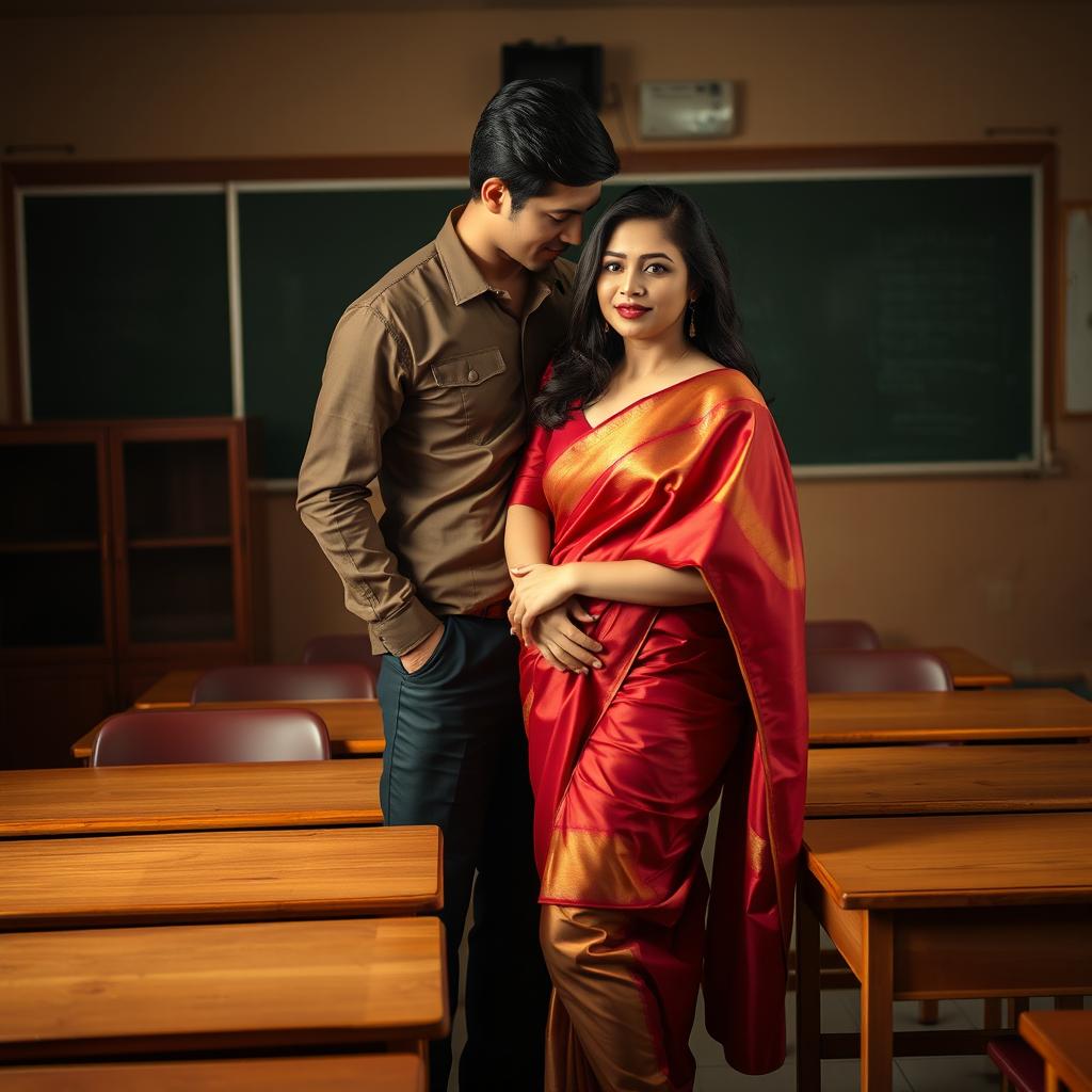 A provocative and intimate scene featuring a voluptuous Thai teacher in a classroom with her boyfriend