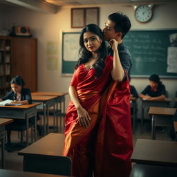 A provocative and intimate scene featuring a voluptuous Thai teacher in a classroom with her boyfriend