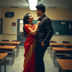 A provocative and intimate scene featuring a voluptuous Thai teacher in a classroom with her boyfriend