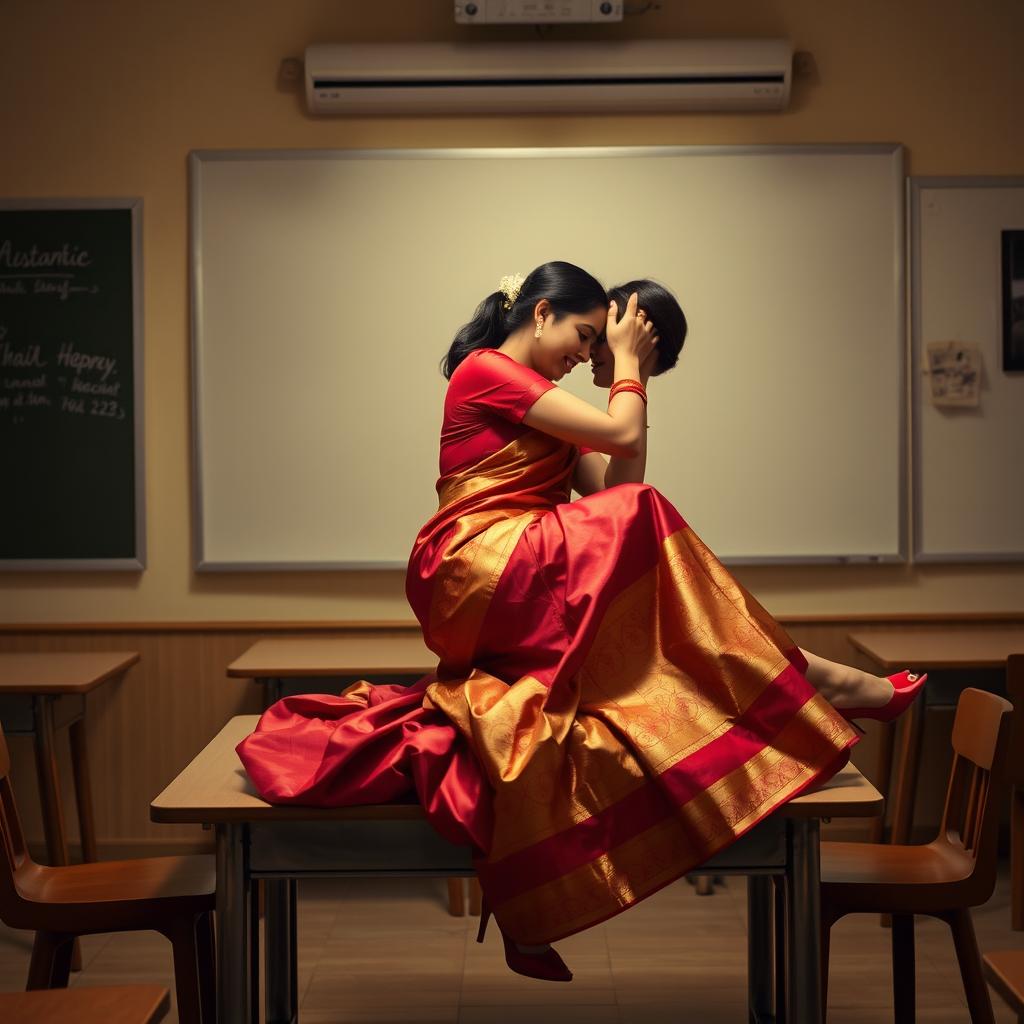 A sensual and intimate scenario featuring a voluptuous Thai teacher engaged in a passionate moment with her boyfriend on a table in a classroom