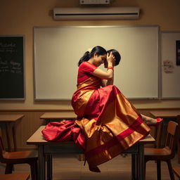 A sensual and intimate scenario featuring a voluptuous Thai teacher engaged in a passionate moment with her boyfriend on a table in a classroom