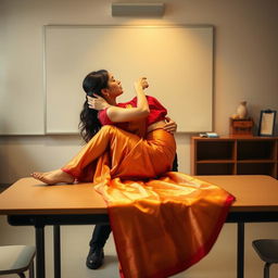 A sensual and intimate scenario featuring a voluptuous Thai teacher engaged in a passionate moment with her boyfriend on a table in a classroom