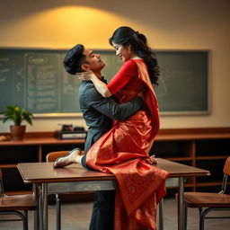 A sensual and intimate scenario featuring a voluptuous Thai teacher engaged in a passionate moment with her boyfriend on a table in a classroom