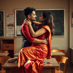 A sensual and intimate scenario featuring a voluptuous Thai teacher engaged in a passionate moment with her boyfriend on a table in a classroom