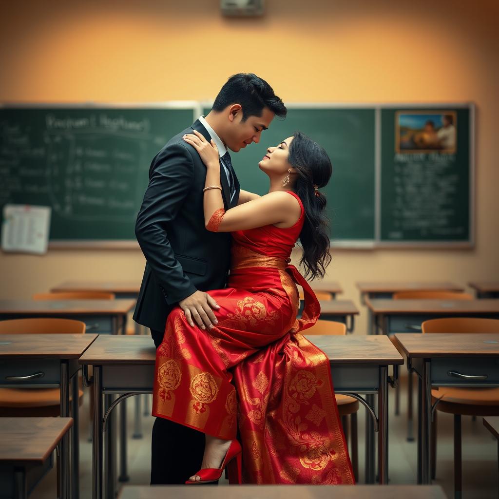 An intimate and sensual scene featuring a voluptuous Thai teacher engaged in a passionate moment with her boyfriend on a classroom table