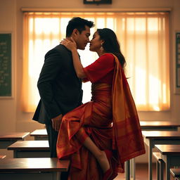 An intimate and sensual scene featuring a voluptuous Thai teacher engaged in a passionate moment with her boyfriend on a classroom table