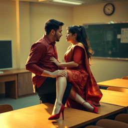 An intimate and sensual scene featuring a voluptuous Thai teacher engaged in a passionate moment with her boyfriend on a classroom table