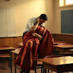 An intimate and sensual scene featuring a voluptuous Thai teacher engaged in a passionate moment with her boyfriend on a classroom table