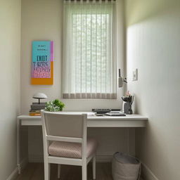 A small 13ft x 8ft bedroom with an organized study table against the wall maximising the space, with soft lighting and comfortable furnishings.