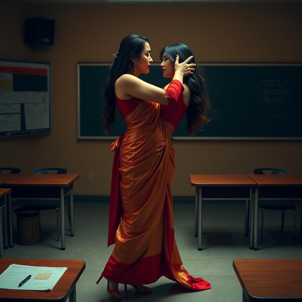 A provocative and intimate scene featuring a voluptuous Thai teacher in a classroom, engaging in a passionate moment with her partner