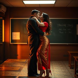 A provocative and intimate scene featuring a voluptuous Thai teacher in a classroom, engaging in a passionate moment with her partner