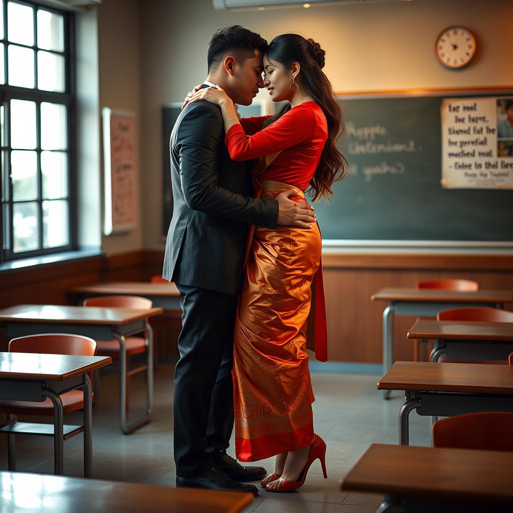 A provocative and intimate scene featuring a voluptuous Thai teacher in a classroom, engaging in a passionate moment with her partner